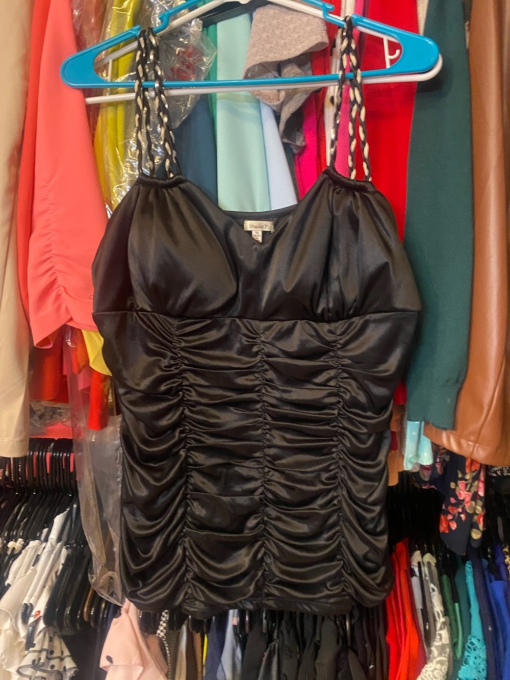 Studio Y Black Satin V-Neck Top with Subtle Sheen